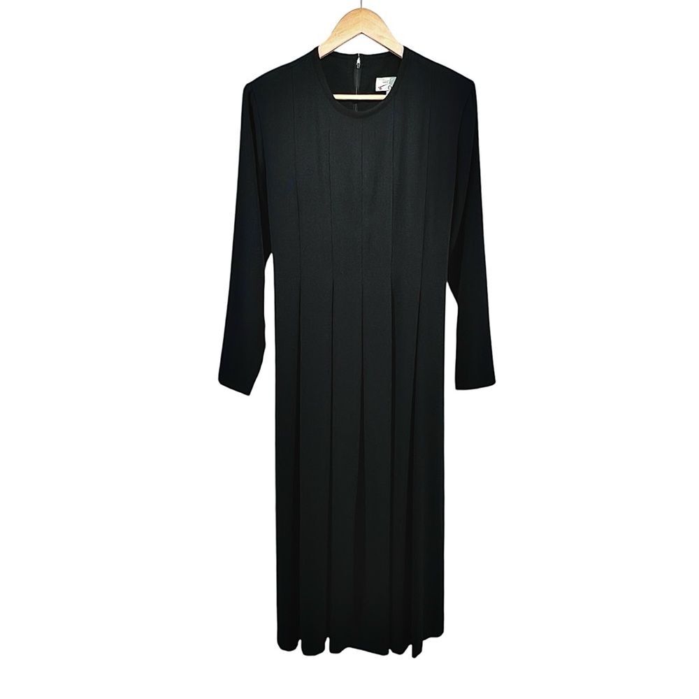 Vintage Orvis Womens Pleated Midi Dress Sz 14 Black Long Sleeve Tie Back Crepe